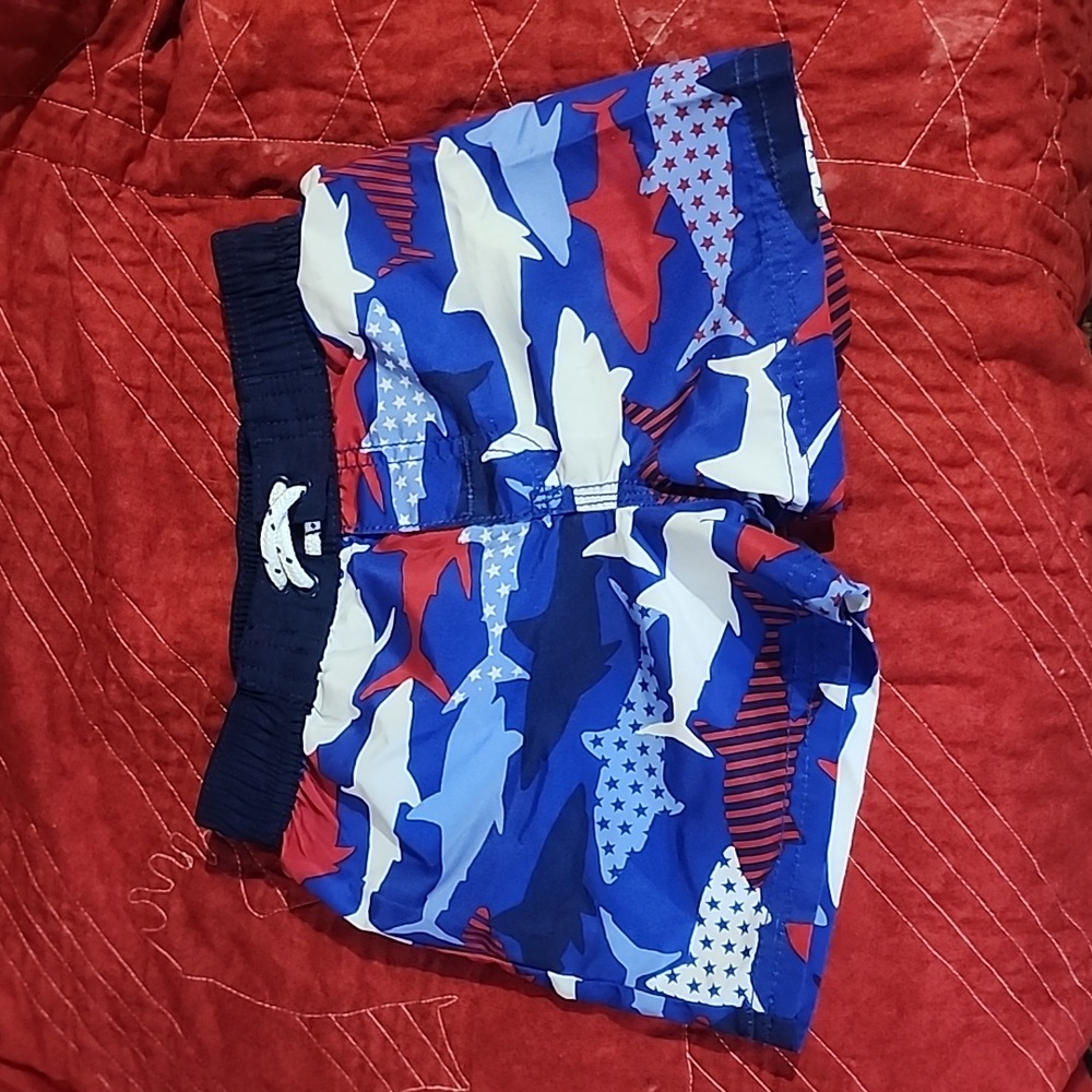 Boys Oshkosh Bigosh Shark red, white,  and blue swim shorts